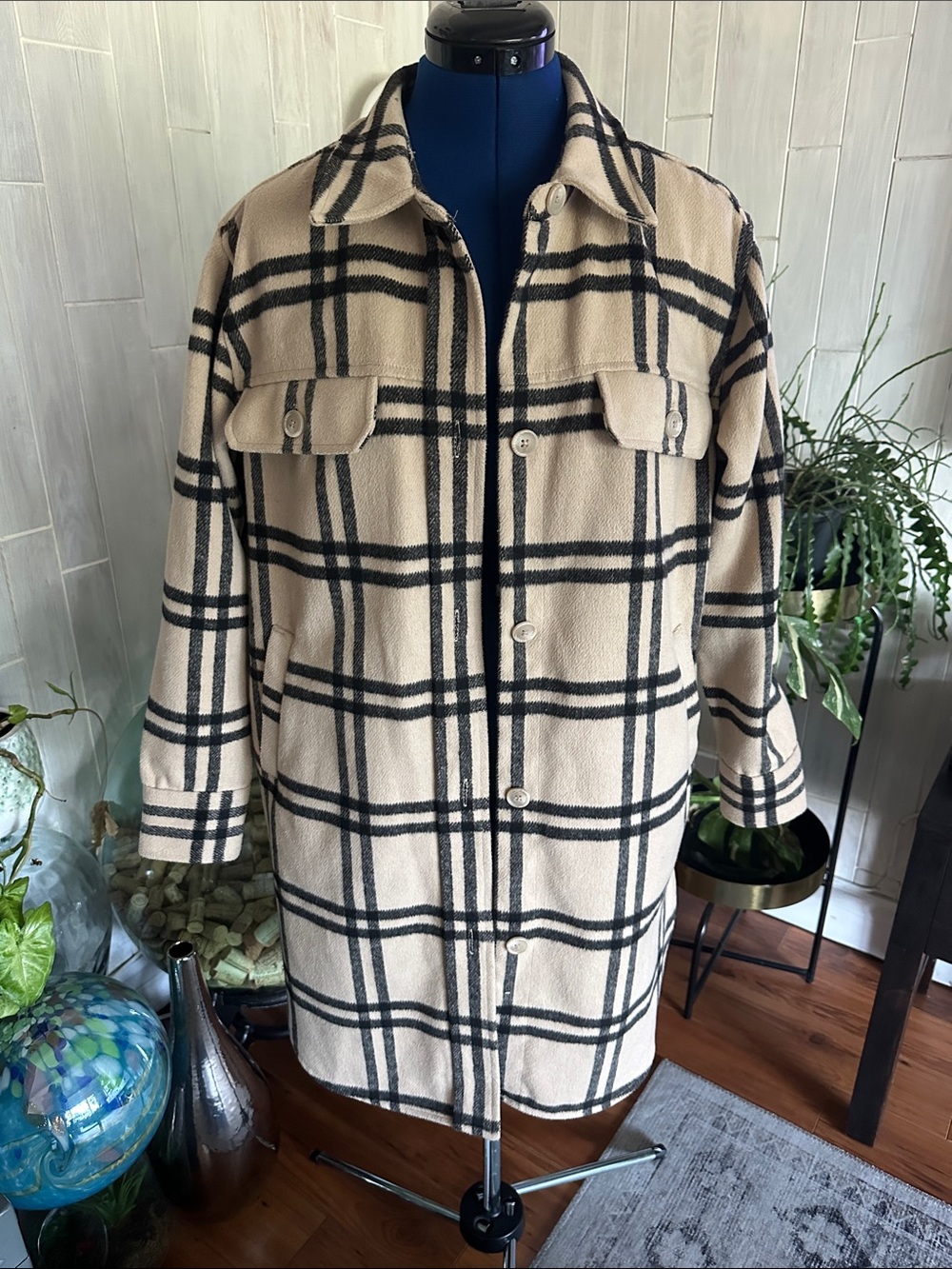 Denver Hayes Beige and Black Plaid Shacket Jacket